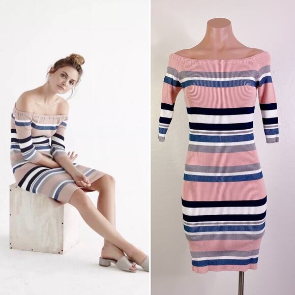 Callahan Off The Shoulder Striped 3/4 Sleeve Bodycon Sweater Dress Pink size XS - Picture 1 of 10